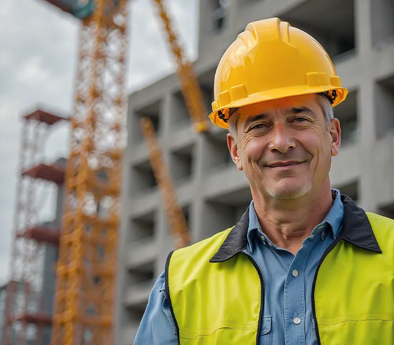 Tiefbau Mitarbeiter trägt Schutzhelm vor einer Baustelle