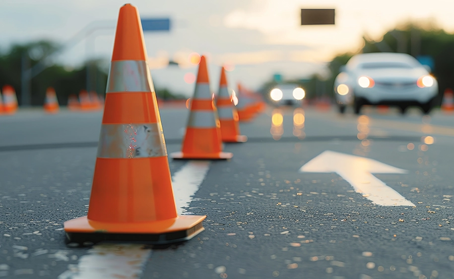 Kegel auf der Straße mit einem Pfeil, der den Verkehr umleitet