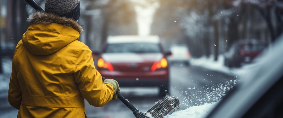 Schneeräumung im Auto durch eine Person in gelber Jacke