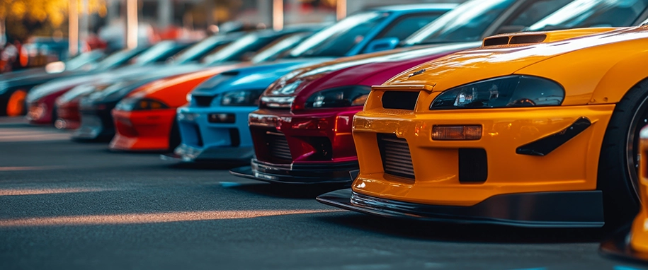 Eine Reihe farbiger Autos parken auf einem Parkplatz